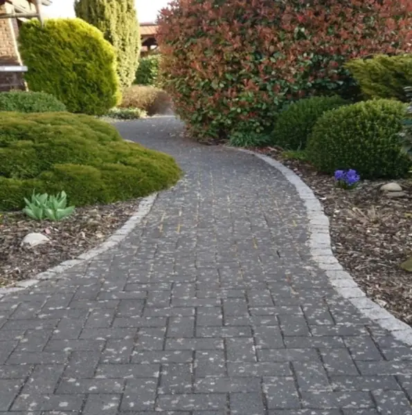 Geschwungener Gartenweg mit hellem Granitrand, gelbliche Belagspuren in den Fugen