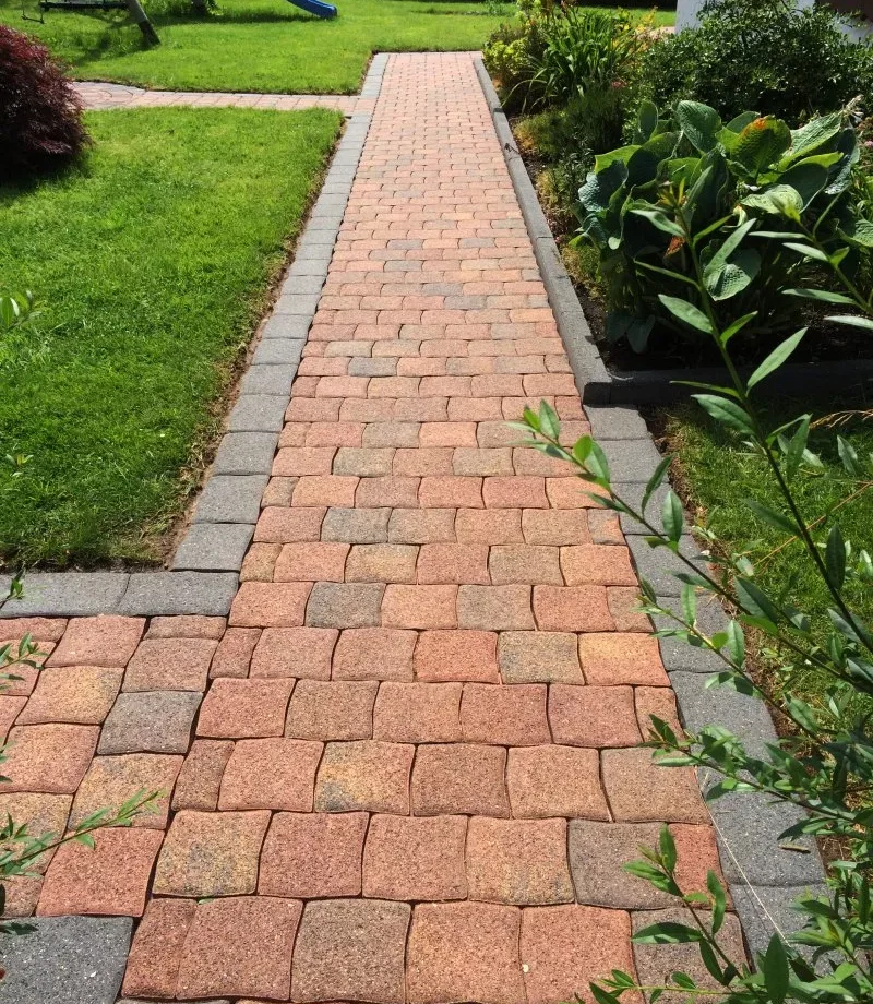 Derselbe Gartenweg nach der Fugensanierung, Pflaster wieder rosa und Fugen geschlossen