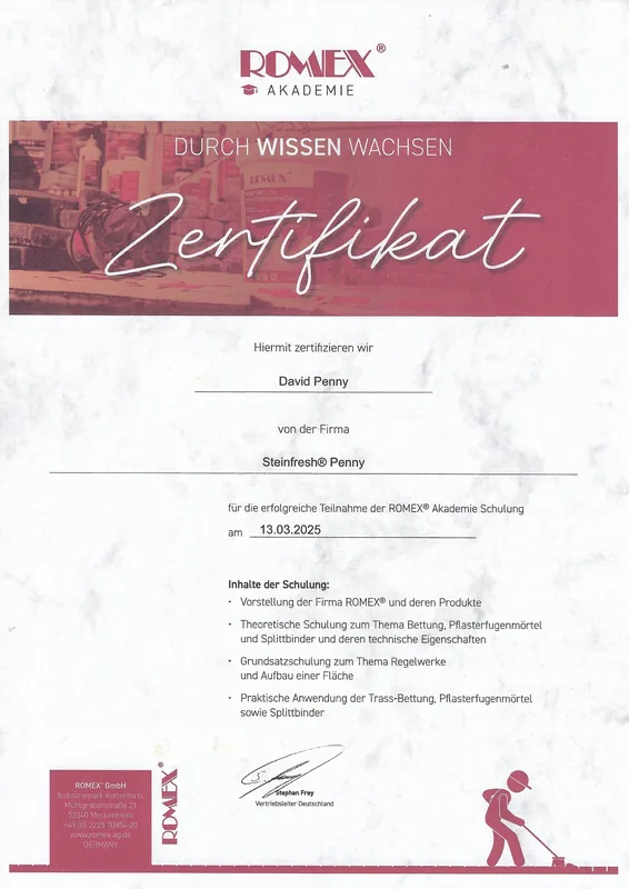 Zertifikat der ROMEX-Akademie vom 13. März 2025 für Dave Penny, Steinfresh Penny